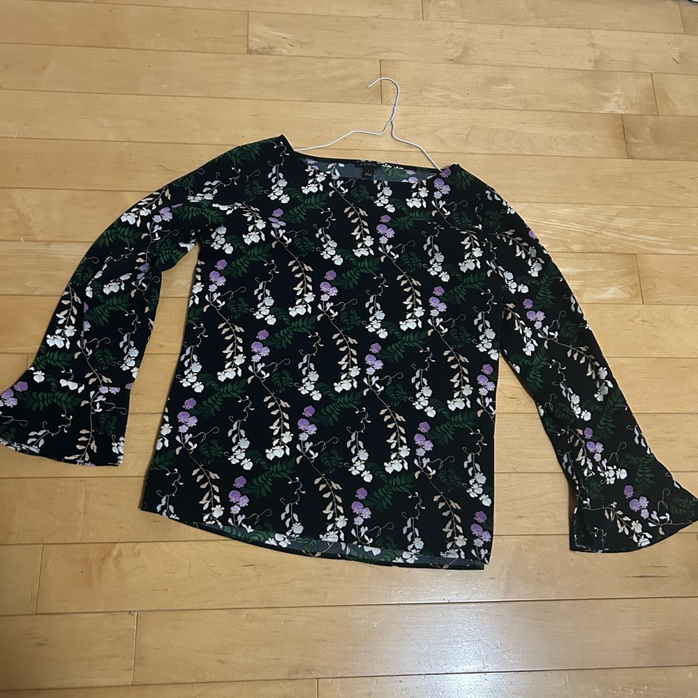 Ann Taylor Black Blouse with Purple and White Floral Design